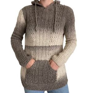 Vintage Womens Hand Knit Brown Cream Wool Striped Hoodie Sweatshirt Sweater Sz M